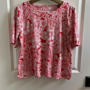 Talbots Women's Red White Floral 100% Cotton Short Sleeve Top, XL